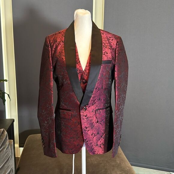 Men’s Boys Burgundy Paisley Slim Fit 3 Piece Tuxedo Size 30 Jacket 29 Pants NWT